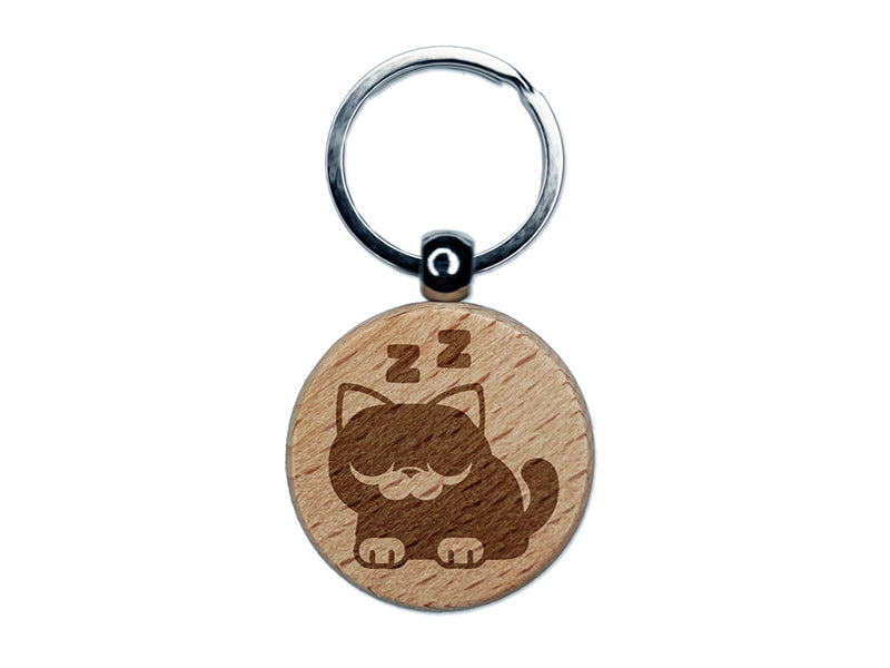 Round Cat Sleeping Engraved Wood Round Keychain Tag Charm