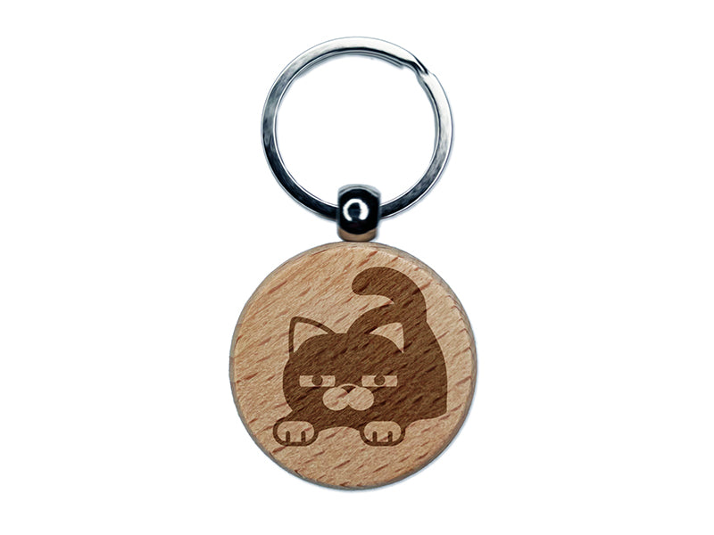 Round Cat Stretching Engraved Wood Round Keychain Tag Charm
