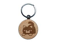 Round Cat Stretching Engraved Wood Round Keychain Tag Charm