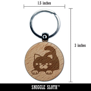 Round Cat Stretching Engraved Wood Round Keychain Tag Charm