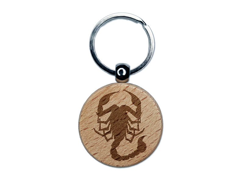 Scorpion Silhouette Engraved Wood Round Keychain Tag Charm