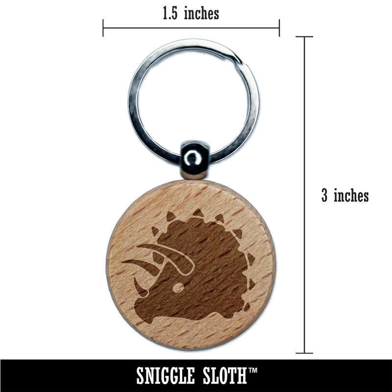 Triceratops Head Engraved Wood Round Keychain Tag Charm