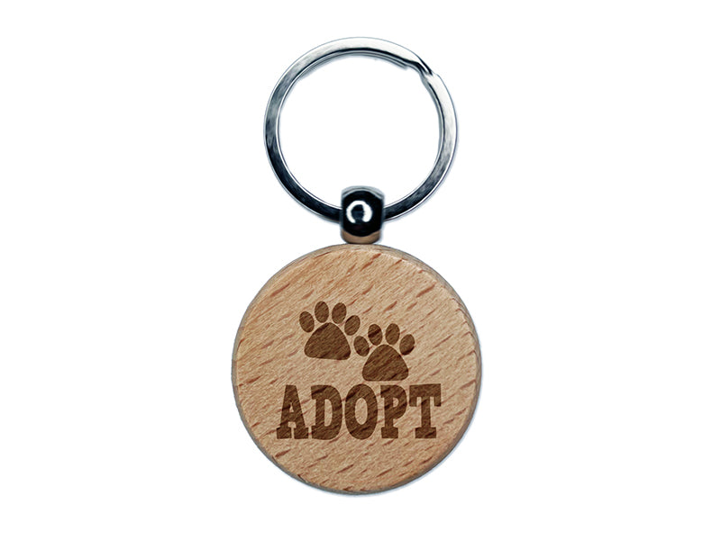 Adopt Cat Dog Paw Print Engraved Wood Round Keychain Tag Charm
