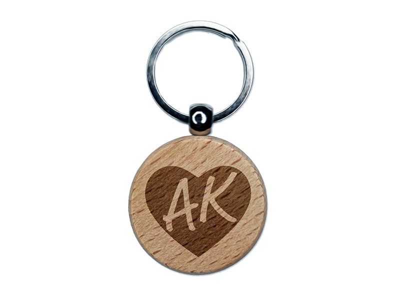 AK Alaska State in Heart Engraved Wood Round Keychain Tag Charm