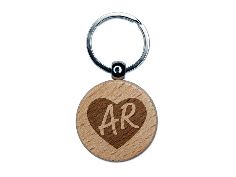 AR Arkansas State in Heart Engraved Wood Round Keychain Tag Charm