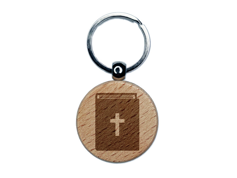 Bible Christian Cross Icon Engraved Wood Round Keychain Tag Charm