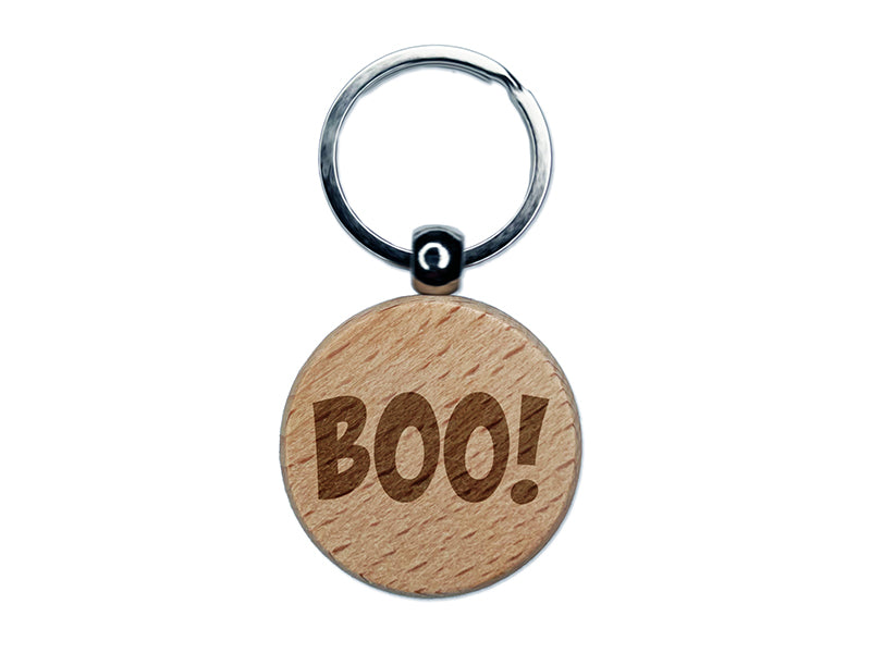 Boo Halloween Fun Text Engraved Wood Round Keychain Tag Charm