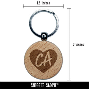 CA California State in Heart Engraved Wood Round Keychain Tag Charm