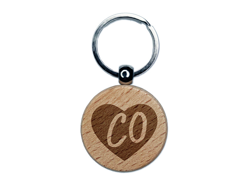 CO Colorado State in Heart Engraved Wood Round Keychain Tag Charm