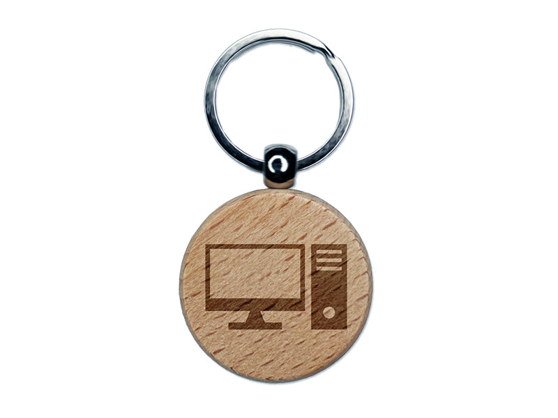 Desktop Computer Icon Engraved Wood Round Keychain Tag Charm