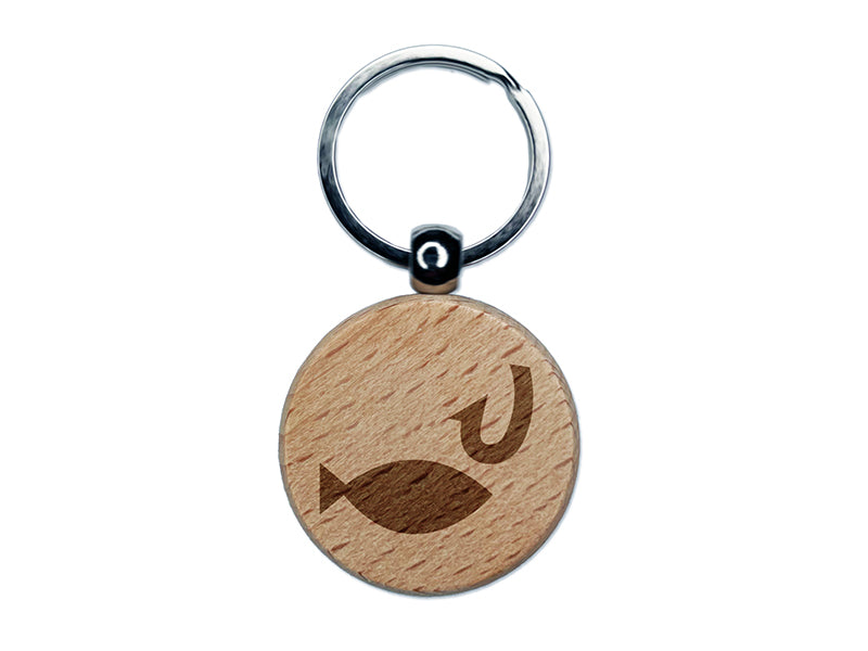 Fish and Hook Fishing Engraved Wood Round Keychain Tag Charm