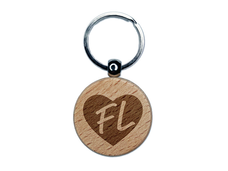 FL Florida State in Heart Engraved Wood Round Keychain Tag Charm