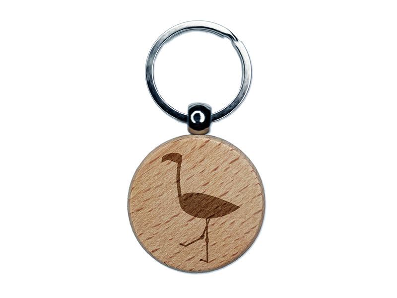 Flamingo Bird Solid Engraved Wood Round Keychain Tag Charm