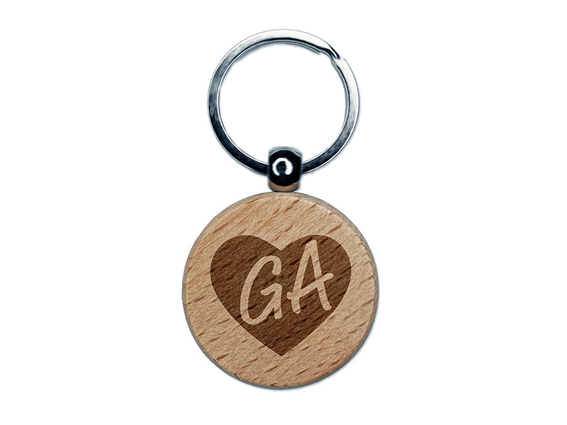 GA Georgia State in Heart Engraved Wood Round Keychain Tag Charm