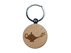 Genie Lamp Engraved Wood Round Keychain Tag Charm