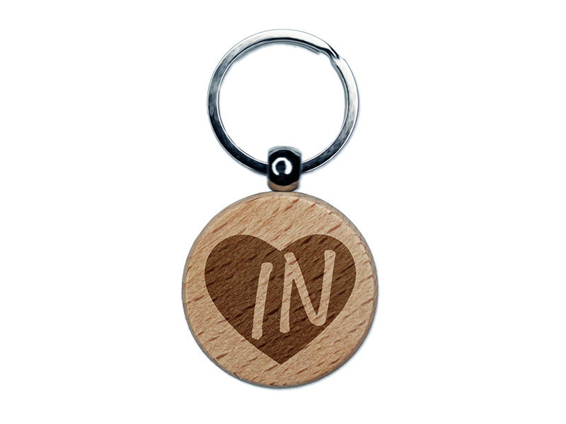 IN Indiana State in Heart Engraved Wood Round Keychain Tag Charm