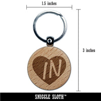 IN Indiana State in Heart Engraved Wood Round Keychain Tag Charm