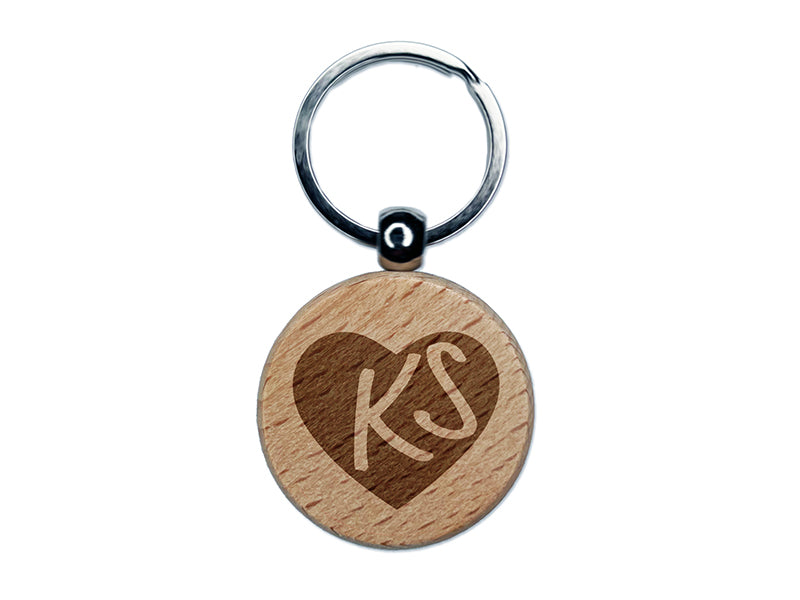 KS Kansas State in Heart Engraved Wood Round Keychain Tag Charm