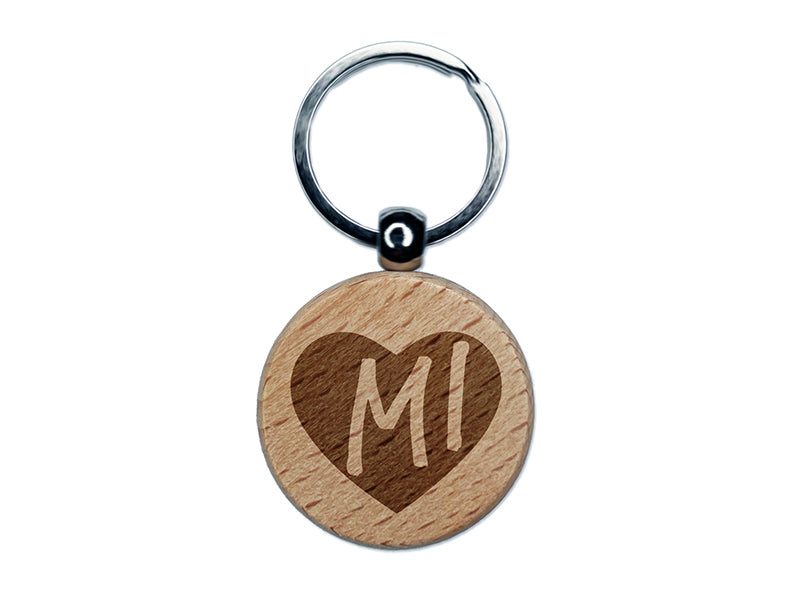 MI Michigan State in Heart Engraved Wood Round Keychain Tag Charm