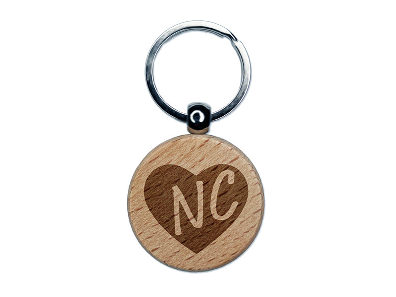 NC North Carolina State in Heart Engraved Wood Round Keychain Tag Charm