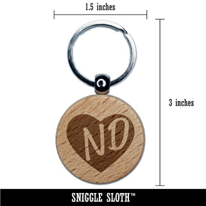ND North Dakota State in Heart Engraved Wood Round Keychain Tag Charm