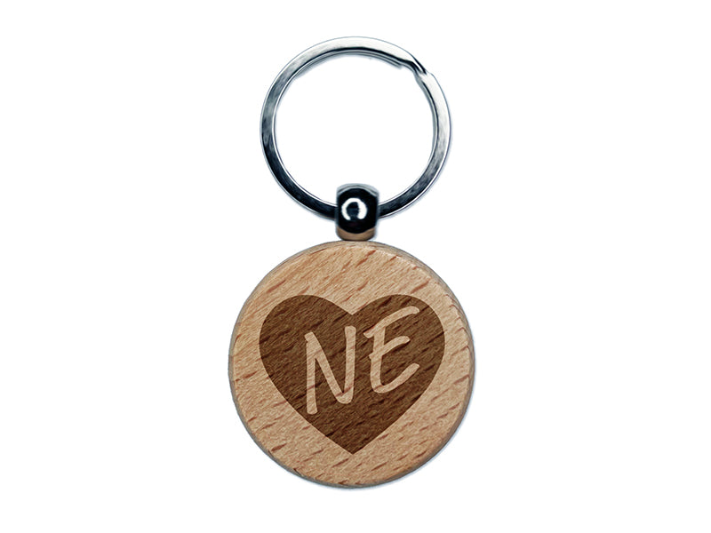 NE Nebraska State in Heart Engraved Wood Round Keychain Tag Charm