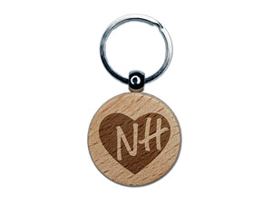 NH New Hampshire State in Heart Engraved Wood Round Keychain Tag Charm