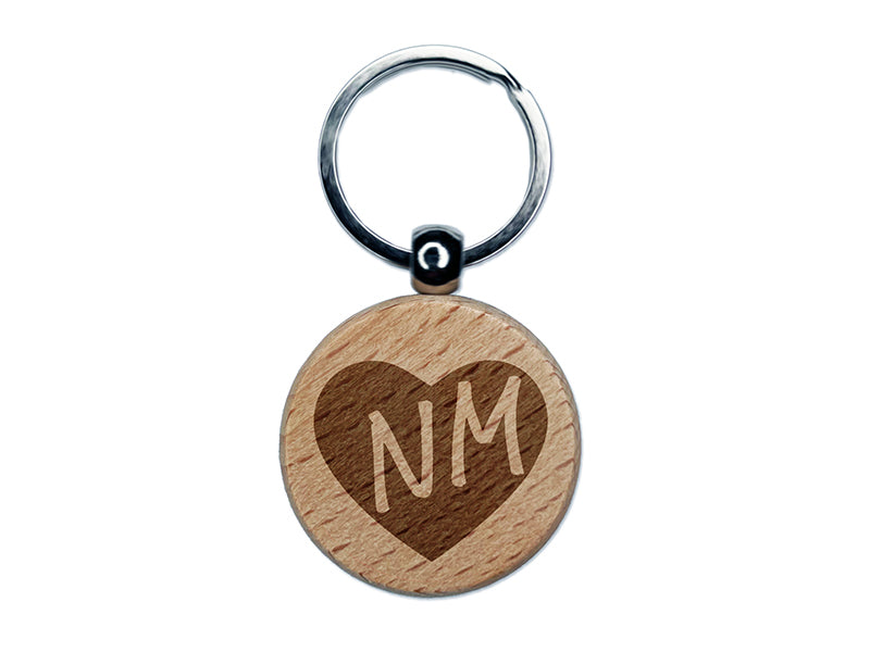 NM New Mexico State in Heart Engraved Wood Round Keychain Tag Charm