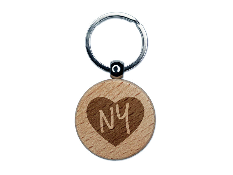 NY New York State in Heart Engraved Wood Round Keychain Tag Charm