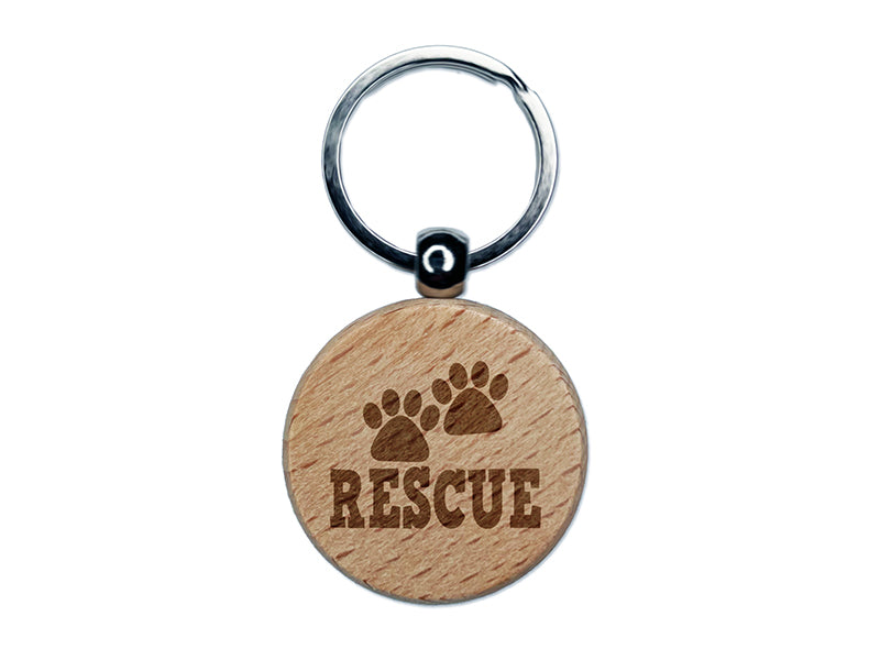 Rescue Cat Dog Paw Print Engraved Wood Round Keychain Tag Charm