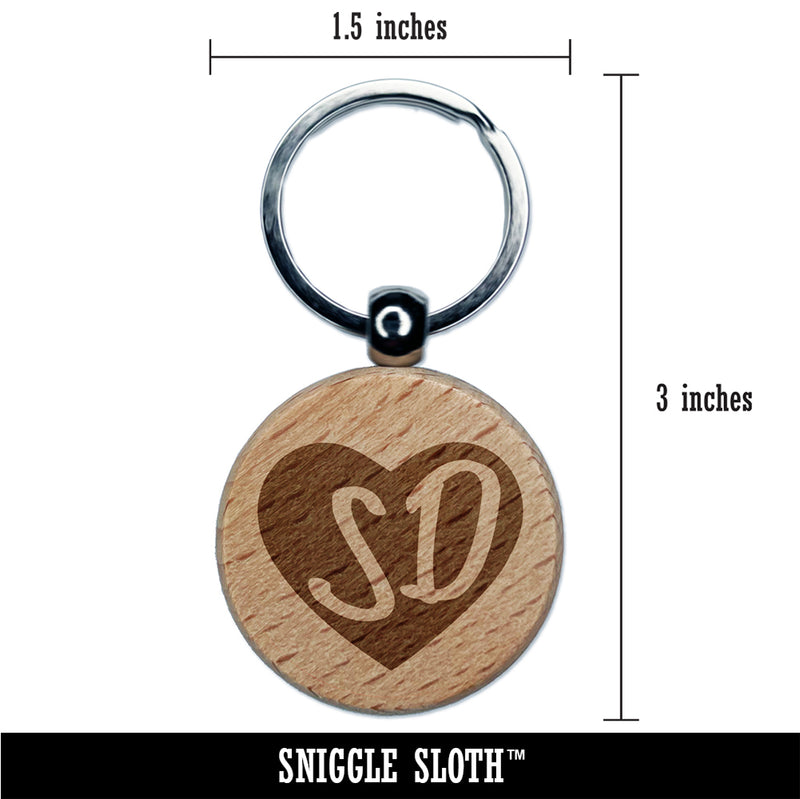 SD South Dakota State in Heart Engraved Wood Round Keychain Tag Charm