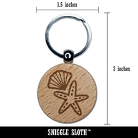 Starfish and Shell Beach Tropical Doodle Engraved Wood Round Keychain Tag Charm