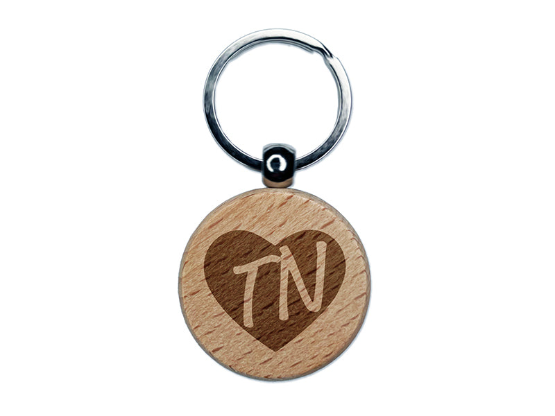 TN Tennessee State in Heart Engraved Wood Round Keychain Tag Charm