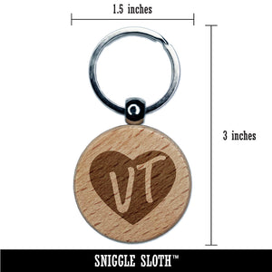 VT Vermont State in Heart Engraved Wood Round Keychain Tag Charm