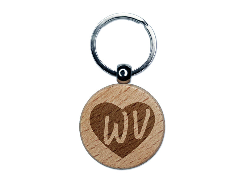 WV West Virginia State in Heart Engraved Wood Round Keychain Tag Charm