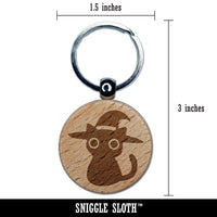 Black Cat with Witch Hat Halloween Engraved Wood Round Keychain Tag Charm