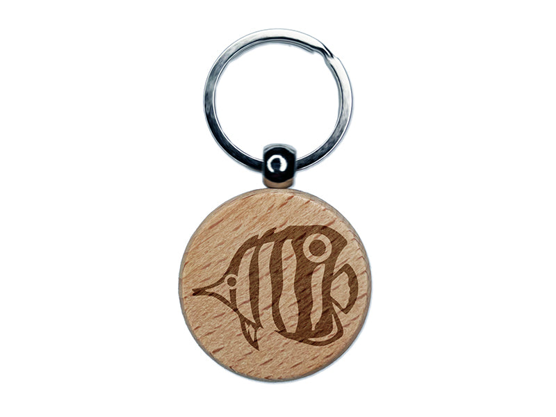 Butterfly Fish Engraved Wood Round Keychain Tag Charm