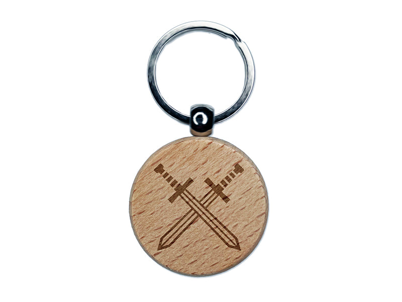 Crossed Swords Battle Icon Engraved Wood Round Keychain Tag Charm