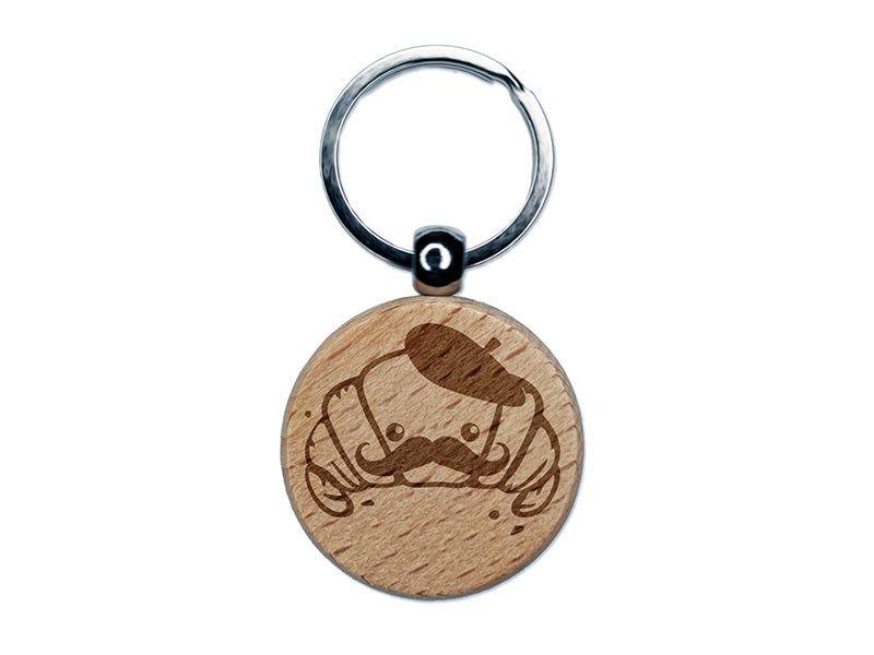 Cute Kawaii French Croissant with Beret and Mustache Engraved Wood Round Keychain Tag Charm