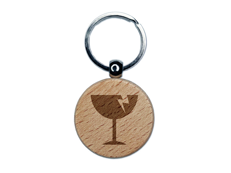 Fragile Glass Icon Engraved Wood Round Keychain Tag Charm