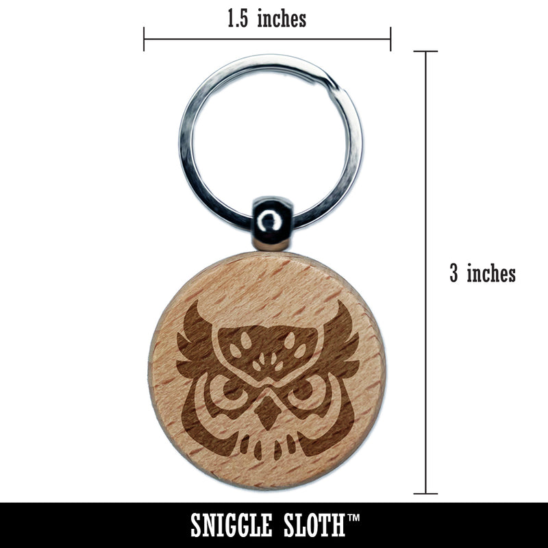 Great Horned Owl Head Engraved Wood Round Keychain Tag Charm