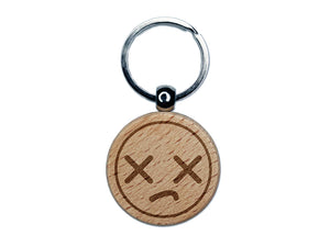 Kawaii Cute Dead X Eyes Face Engraved Wood Round Keychain Tag Charm