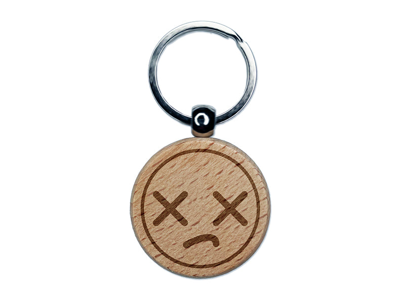 Kawaii Cute Dead X Eyes Face Engraved Wood Round Keychain Tag Charm