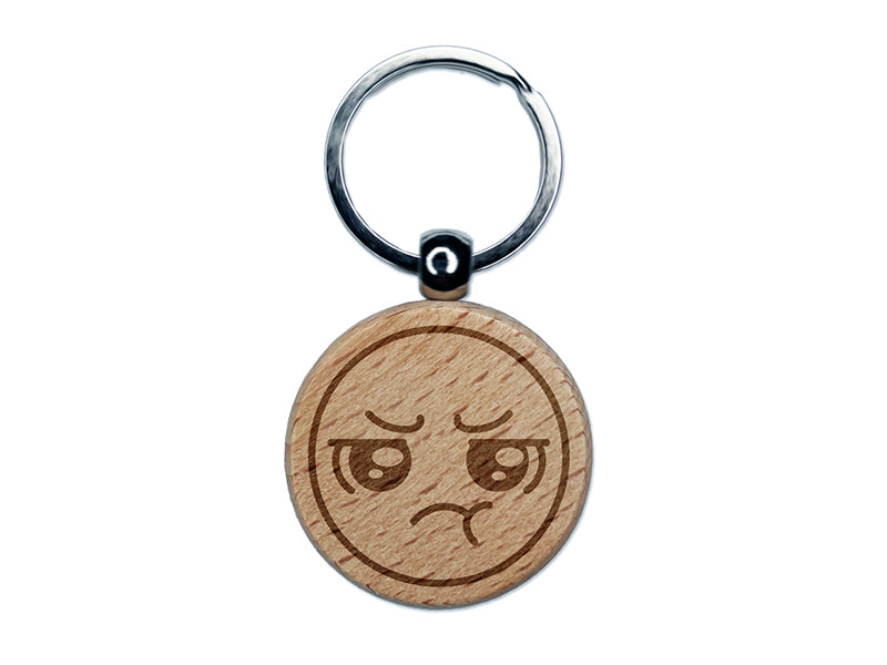 Kawaii Cute Pout Pouting Face Engraved Wood Round Keychain Tag Charm