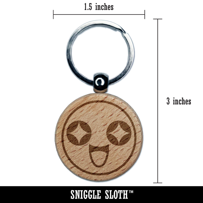 Kawaii Cute Starry Eye Excited Face Engraved Wood Round Keychain Tag Charm