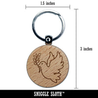 Peace Dove with Olive Branch Engraved Wood Round Keychain Tag Charm