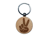 Peace Hand Sign Engraved Wood Round Keychain Tag Charm