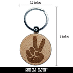 Peace Hand Sign Engraved Wood Round Keychain Tag Charm