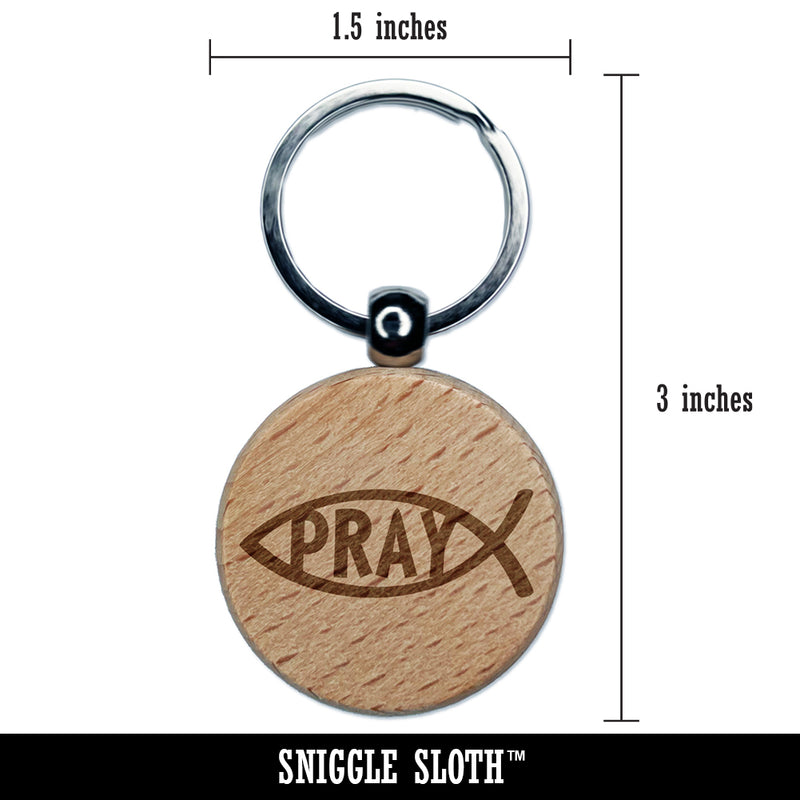 Pray Ichthys Fish Christian Sketch Engraved Wood Round Keychain Tag Charm