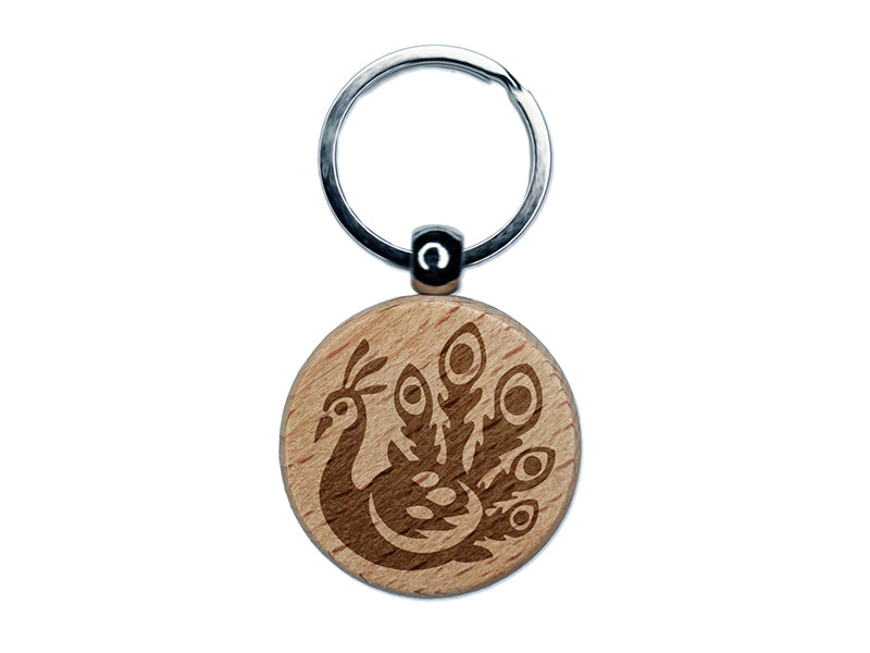 Pretty Peacock Engraved Wood Round Keychain Tag Charm